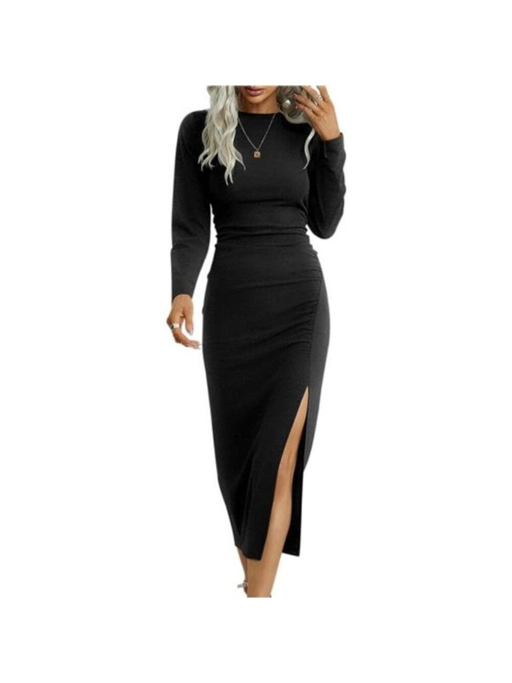 Women's Long Sleeve Dress Casual Bodycon Crew Neck Ruched Midi Dress with Slit